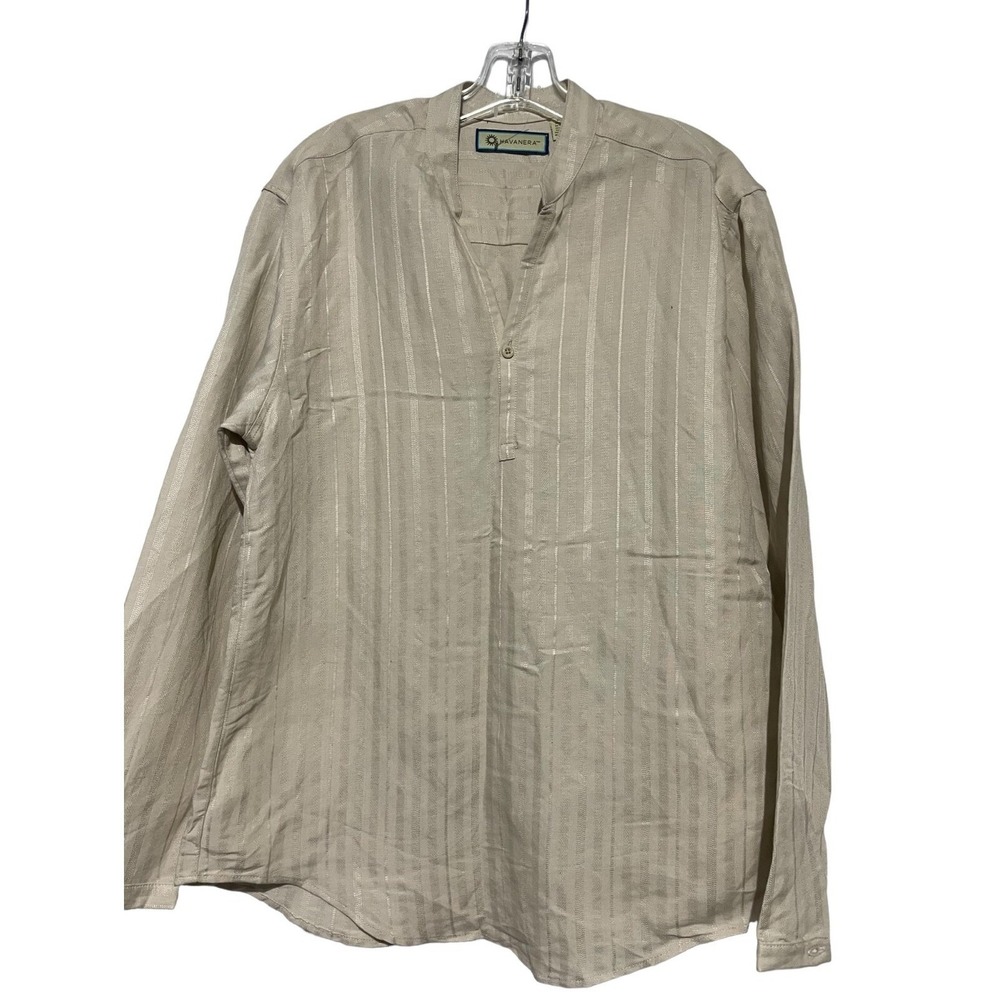 Havanera Men's Button Down Shirt Deep V Neck Stripes Cream Tan Size Medium‎